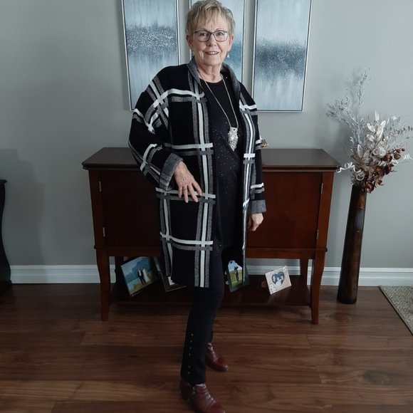 Black and white winter plaid stripe sweater coat - Picture 3 of 3